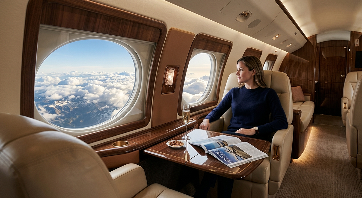 Luxury private jet cabin interior